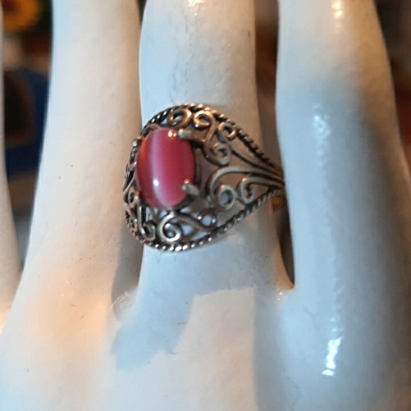 VTG Filigree Sterling Silver Pink Cat's Eye Ring - Picture 8 of 8